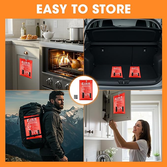 Emergency Fire Blanket, 40"x40" Fiberglass Suppression Fire Retardant Blankets for Home, Kitchen, Camping, Grill, Car, Office, Warehouse with Hooks(2 Pack)