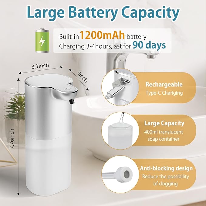 Soap Dispenser, Automatic Foaming Soap Dispenser with 4 Adjustable Volume Control, Touchless Rechargeable Hands Free Auto Dispenser for Kitchen, Bathroom, Hotel, Restaurant,13.5oz/ 400ml