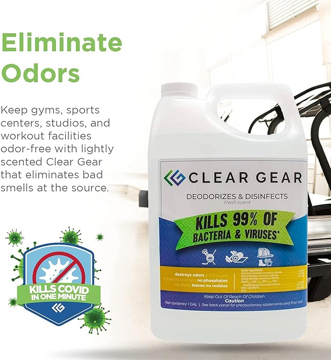 Clear Gear - Disinfectant, Cleaner, and Deodorizer for Sports Equipment, Gyms, and Fitness Centers - EPA-Registered, Hospital Grade, Made in USA - 1 Gallon Bottle