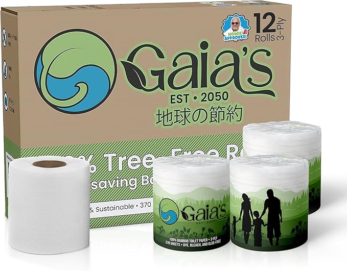 Gaias Premium and Soft Organic Bamboo Toilet Paper | 12 Mega Rolls, 3 Ply, 370 Sheets | FSC Certified, PFAS & BPA Free, Eco-Friendly, Sustainable Tissue - Plastic Free, Septic Safe, Vegan