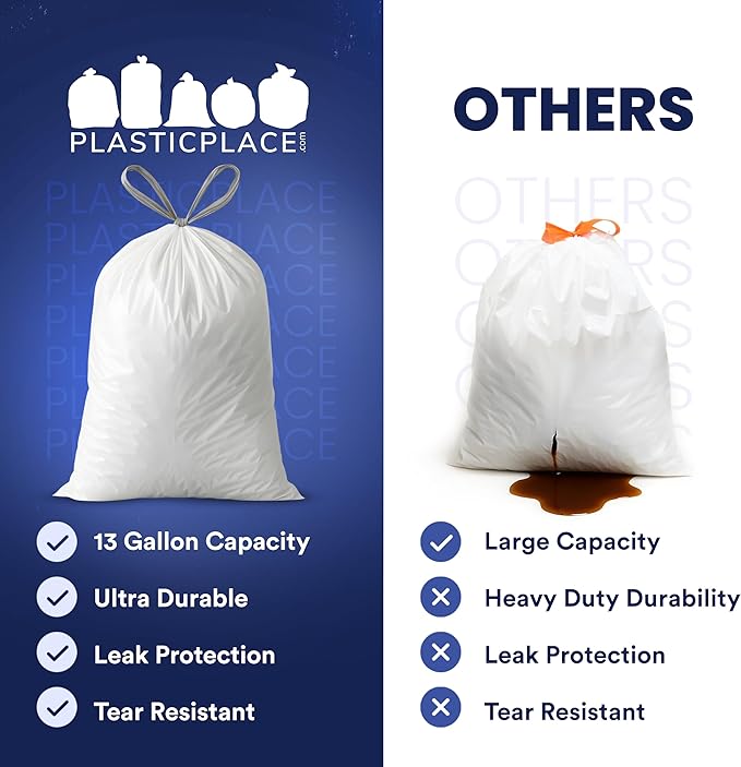 Plasticplace 8 Gallon Trash Bags -White Drawstring Garbage Can Liners - 200 Count - Leak-Resistant and Tear-Proof for Kitchen, Bathroom, Office, and Small Trash Cans 0.7 Mil