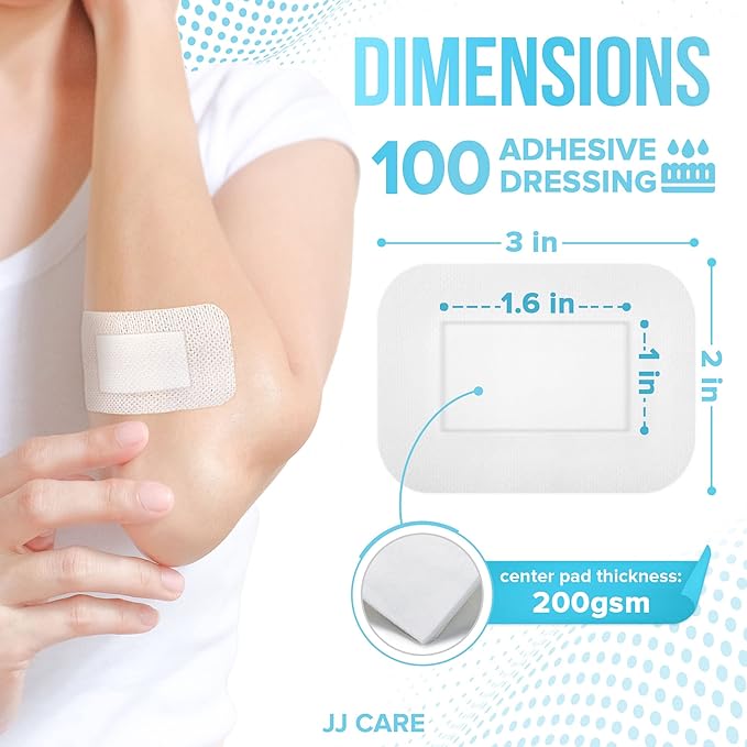 JJ CARE Adhesive Island Dressing [Pack of 100], 2x3 Sterile Bordered Gauze, Breathable Island Wound Dressing, Individually Wrapped Adhesive Gauze Bandages with Non-Stick Central Pad