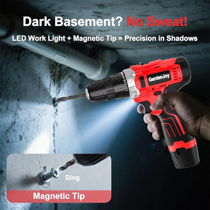 12V Cordless Drill Kit, Red, 2 Batteries & Fast Charger Included, Lightweight, 2-Speed Control, 3/8" Keyless Chuck, 24+1 Torque, LED Light for DIY Wood/Metal