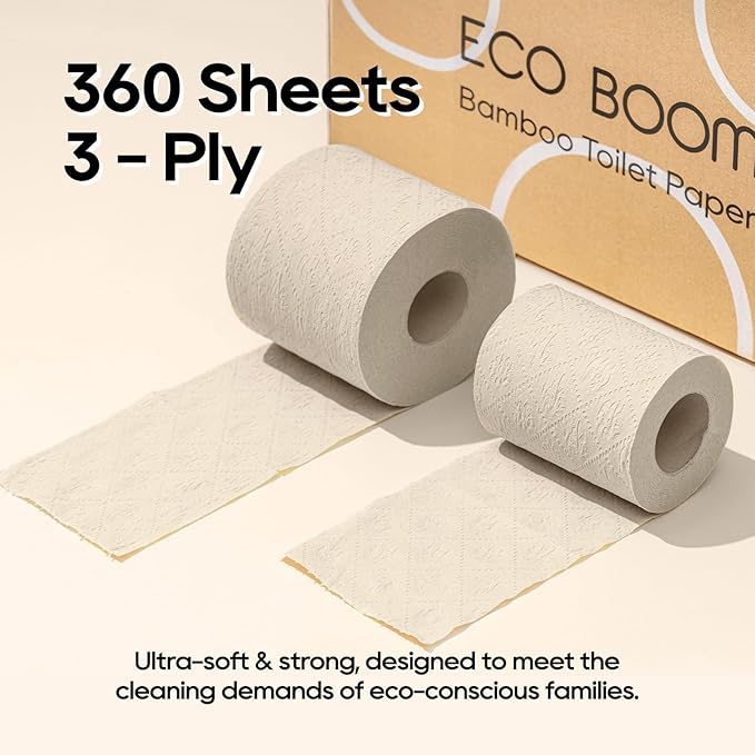 ECO BOOM Toilet Paper 100% Bamboo 3-fly, PFAS Free, BPA Free, Septic Safe, 48 mega Rolls, FSC Certified, 360 Sheets, Plastic & Chemical Free