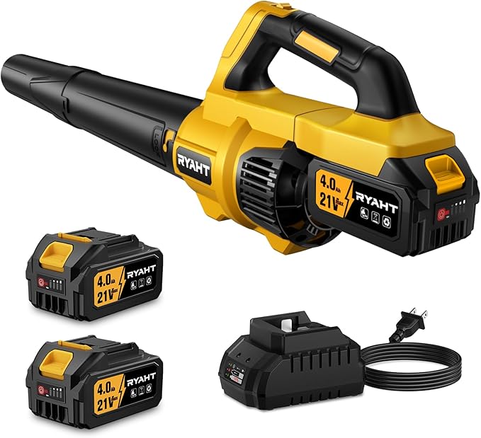 RYAHT Leaf Blower Cordless, 21V Powerful Electric Leaf Blower with 2 X 4.0Ah Batteries and Charger, 2 Speed Modes, Handheld Lightweight Leaf Blowers for Lawn Care, Patio, Dust, Blowing Leaves, Yellow