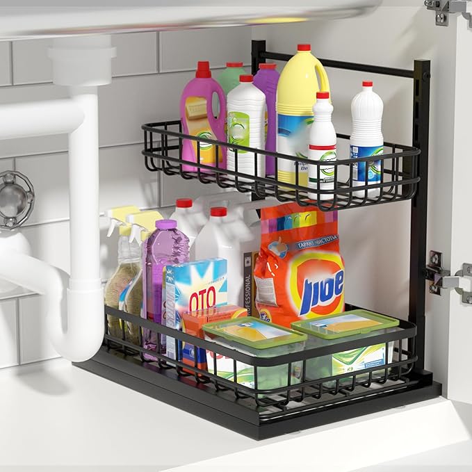 Under Sink Organizer, Adjustable Height Pull-Out Kitchen Storage Organization,15.8" x 11.8" x 16.5",2-Tier Kitchen Shelf,Bathroom Drawer Organizer, Black