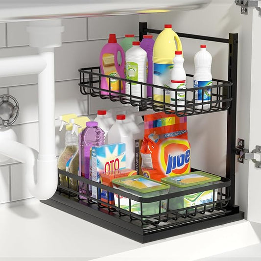 Under Sink Organizer, Adjustable Height Pull-Out Kitchen Storage Organization,15.8" x 11.8" x 16.5",2-Tier Kitchen Shelf,Bathroom Drawer Organizer, Black