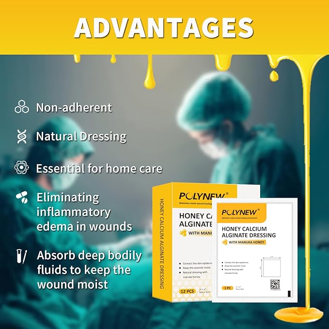 Impregnated Manuka Honey Calcium Alginate Dressing, 2"x2"-12Pcs/Box, Non-Adherent Calcium Alginate Dressing with Manuka Honey, Natural Wound Care Bandages for Burns, Faster Wound Care