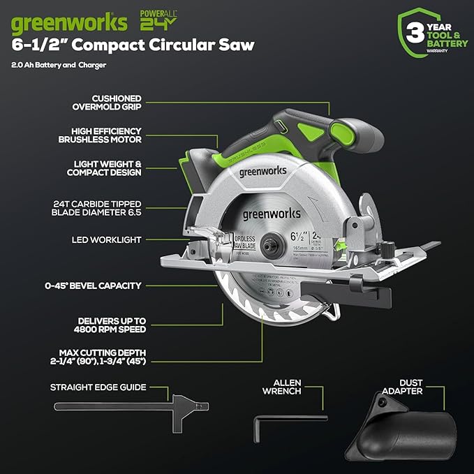 Greenworks 24V Brushless 6-Tool Combo Kit, Cordless Power Tool Set with 130MPH Blower, 6-1/2" Circular Saw, Drill/Driver, Impact Driver, Multi-Tool, Work Light & 4 Batteries