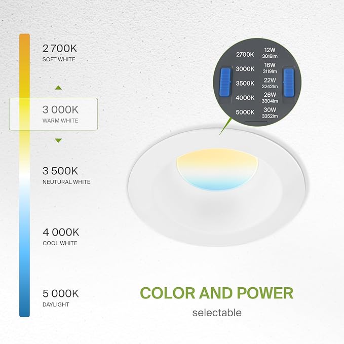 ASD Commercial LED Downlight 6 Inch, Round Power Adjustable Downlights 12/16/22/26/30W, Canless LED Recessed Lighting 120-277V, 5 CCT 2700K-5000K, Dimmable Ceiling Light Fixture, IC Rated, White, ETL