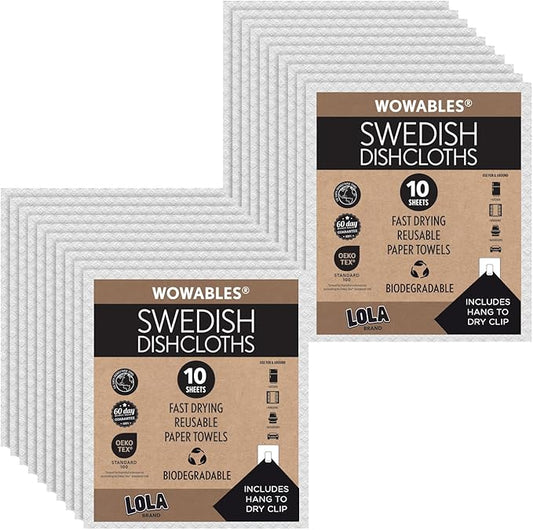 LOLA Swedish Dishcloths 20 Pk Biodegradable Reusable Paper Towels Absorbent Cellulose Kitchen Sponge Cloths Zero Waste Odor Free, Made in Germany