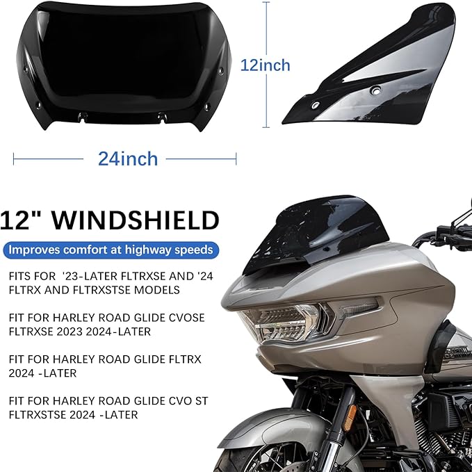 12" Windshield Windscreen Compatible for Harley Road Glide CVO/SE FLTRXSE 2023 2024 FLTRX 2024 CVO ST FLTRXSTSE 2024 for 2023 2024 Road Glide Accessories, Black