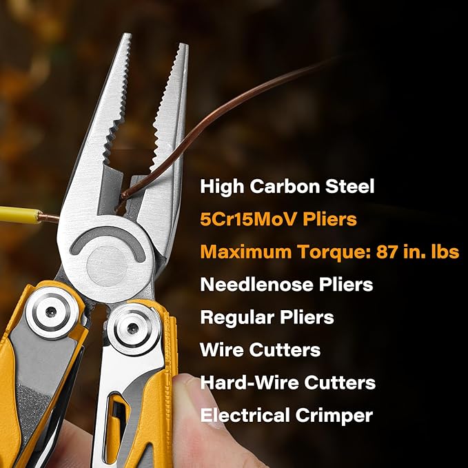 RBLACK Longeron21 Multitool, 21-in-1 Multi Tool Pliers with Safety Locking and Spring-Action Scissors, Heavy-duty Stainless Steel Multi-tool Set for Work, Home, Garden, DIY & Auto, Maple Yellow