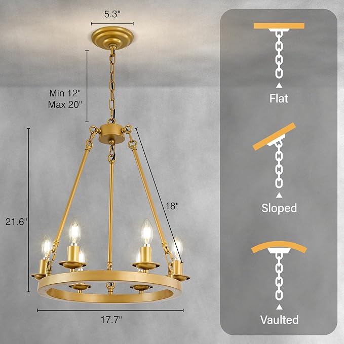 Wagon Wheel Chandelier, 6-Light Gold Modern Rustic Farmhouse Chandelier Adjustable Height Pendant Kitchen Light for Ceiling Hanging Dining Room, Living Room, Entryways, Foyer