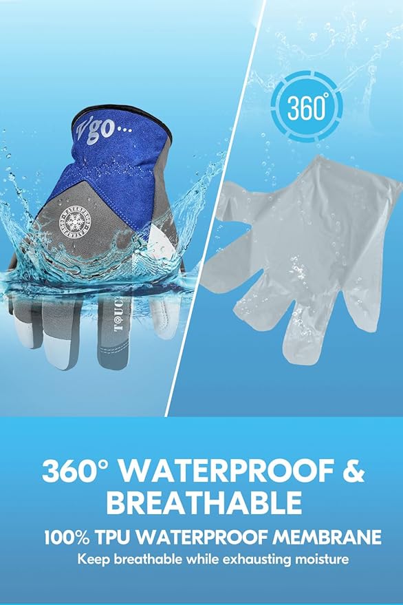 Vgo... 2-Pairs Winter Warm Work Gloves Men Women 0℃/32℉ or Above Goatskin Leather Waterproof Coldproof Freezer Gloves (Size XL, Grey, GA8977FW)