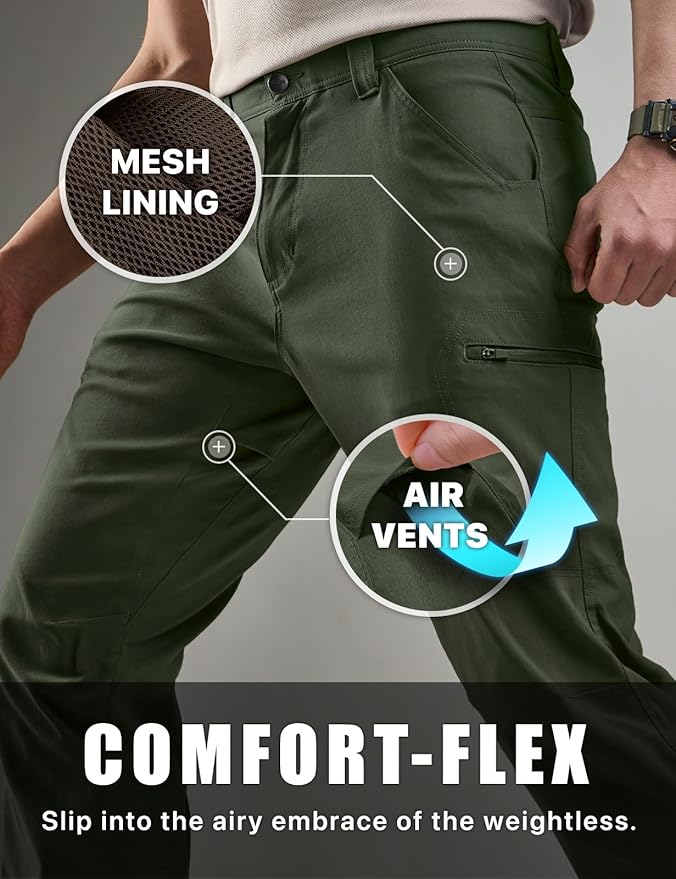 CQR Men's Vent Stretch Pants, Quick Dry Lightweight Casual Cargo Pants, Water Resistant Straight-Fit Utility Work Pants