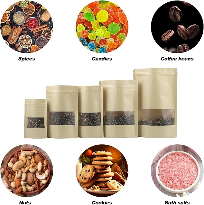 100 Pack Bags, Resealable Bags with Clear Window, Stand-up Bags for Sealing Storage, Scratch Resistant Hand Storage Bags. (Kraft Paper, 5.5×7.9 Inch)