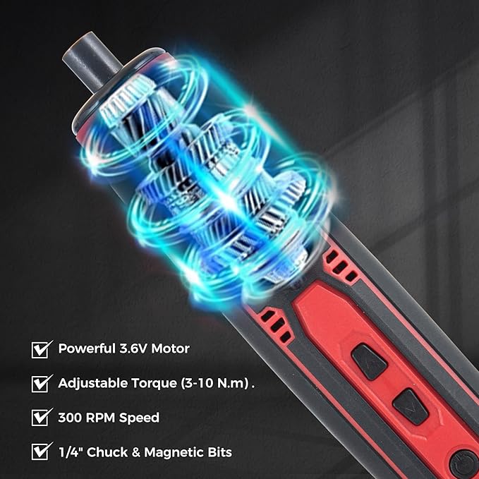 3.6V Cordless Impact Screwdriver Gun, 1.5Ah Lithium Battery, 1/4" Chuck, 3-10 N.m Torque, 300RPM, Includes Magnetic Bits & Case – Electrician Tools Set
