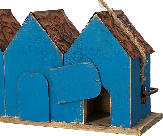 Glitzhome 17" L Distressed Solid Wood Birdhouse with Perch Decorative Garden Hanging Bird House for Outdoors,Retro Blue