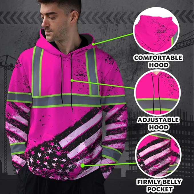 Color US Flag High Visibility Hoodie for Men Women Reflective Tapes Safety Workwear for Worker Runner Patriotic