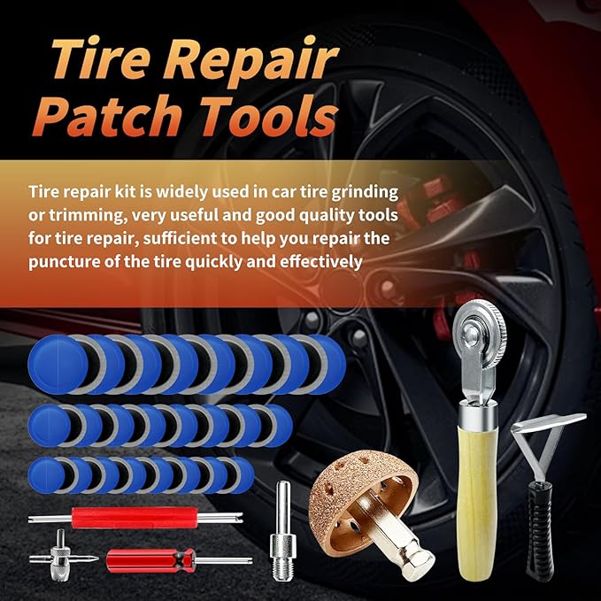 53Pcs Tire Patch Kit Heavy Duty, Tire Repair Tools 42 mm Tungsten Steel Buffing Wheel with 32/42/58mm Tire Patches, Inner Liner Scraper, Tire Patch Roller for Car Motorcycle Bike tractors Grinding