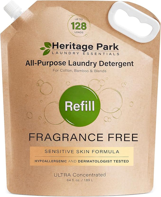 Heritage Park All-Purpose Fragrance Free, Hypoallergenic, pH-Neutral Laundry Detergent - Dermatologist-tested, Sensitive Skin-Friendly, Stain-Fighting Enzymes, 3x Concentrated (64 fl oz Refill Pouch)