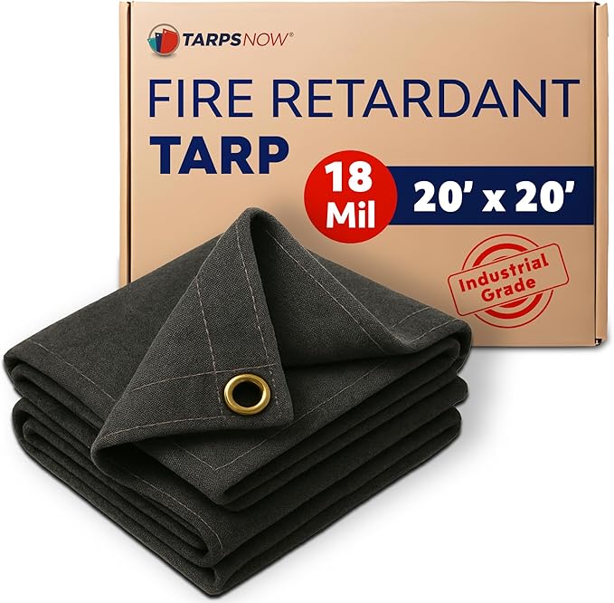 TarpsNow® Fire Retardant Tarp - 20' x 20' - 18 MIL Heavy Duty Canvas Tarp - Flame & Tear Resistant w/Brass Grommets - Best for Safety, Outdoors, Camping, Boating, Welding, Woodpile, House, Fire Pit