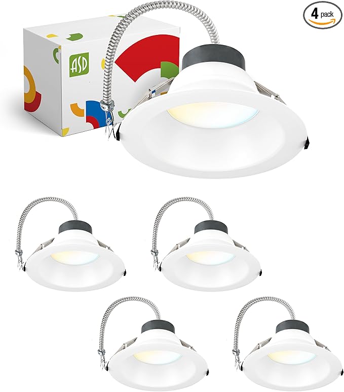 ASD Commercial LED Downlight 9/10 Inch, Power Adjustable Downlights 22/26/30/35/40W, Canless Recessed Lighting 120-277V, 5 CCT 2700K-5000K, Dimmable Ceiling Light Fixture, IC Rated, White, ETL, 4 Pack