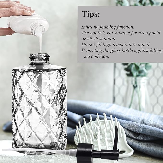 12Oz Small Glass Soap Dispenser with Black Plastic Pump, Clear Refillable Kitchen Countertop Liquid Hand Soap Dispensers with Diamond Design, Crystal Bathroom Lotion Bottle for Dispense Dish Soap