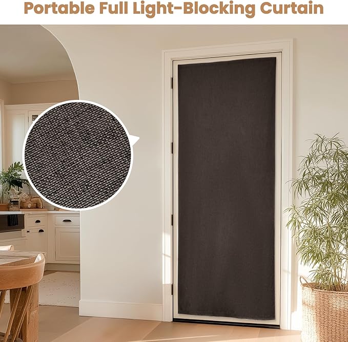 100% Blackout French Door Curtain,Adhesive, No Drilling Required,Small Curtains Designed for Installation On Doors (Dark Coffee - W25 × L72 in)