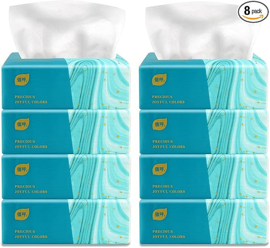 Pack of 8, Disposable Small Facial Tissue, Toilet Paper, Bag Cover, Not Box, Napkin, White Facial Paper Tissue, Material Wood Pulp Fiber NOT COTTON, 4-Ply, 280 Sheet per Pack