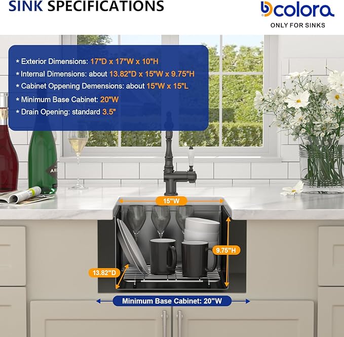 Dcolora 17 Inch Black Kitchen Sink Undermount Wet Bar Sink Workstation Spuare16 Gauge Stainless Steel Small Prep Sinks Single Bowl 17’x17", DC-U1112
