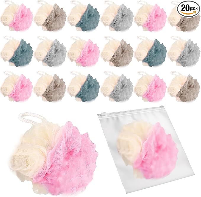 20 Pack Travel Loofah Individually Wrapped, Small Loofah Shower Puff, 30g Mini Bath Sponge Pouf Ball Body Sponges for Shower, Multicolor