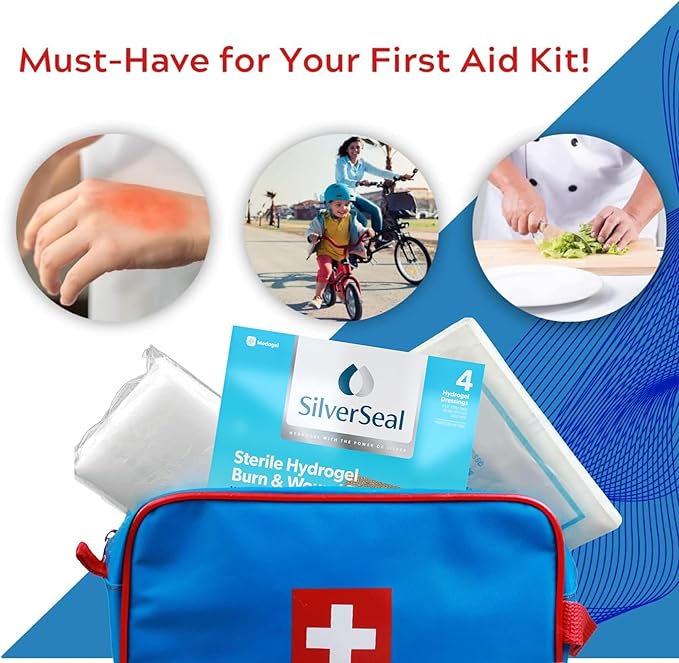 SilverSeal Burn and Wound Dressing | Hydrogel Pads with X-Static Silver | Soothing, Moist & Protective | Burns, Cuts & Wounds | 4 Sterile Dressings