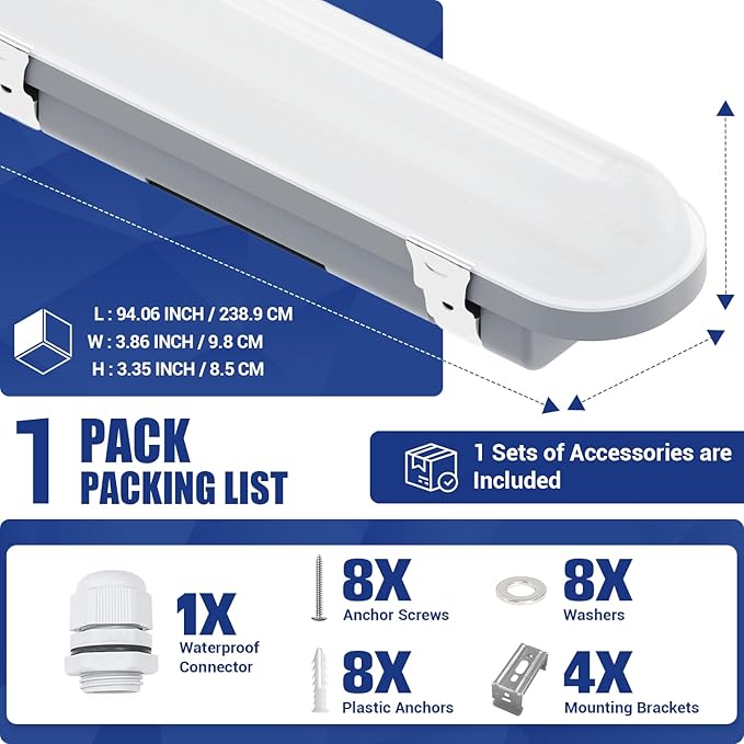 8FT LED Vapor Tight Light 120W/100W/80W,3000K/4000K/5000K CCT Selectable 18000lm (150W Eq.) IP66 Waterproof Outdoor Shop Light LED Vapor Proof Fixture for Car Wash, Parking Lot, Garage 1-Pack