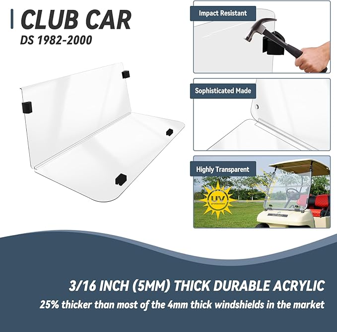 Golf Cart Windshield for EZGO/Club Car DS/Precedent/Yamaha Gas & Electric Models, 5MM Thicken Foldable, Clear Highly Transparent and Impact Resistant Acrylic