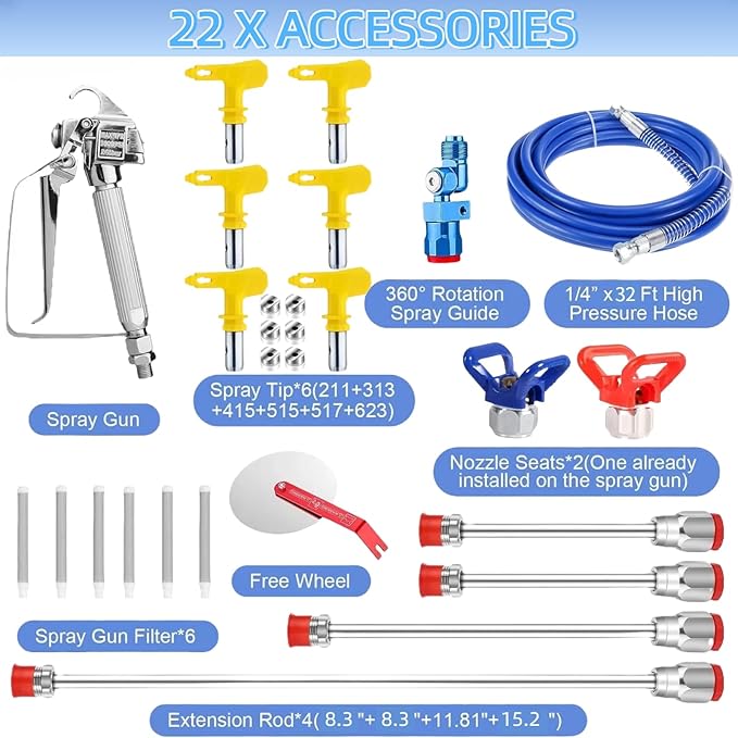 22PCS Airless Paint Sprayer Gun Kit, 3600 PSI Spray Gun with 32FT Hose,6 Reversible Tips (211/313/415/515/517/623), 4 Extension Rods, 2 Nozzle Seats, 6 Filters& Guide Tool, Indoor/Outdoor