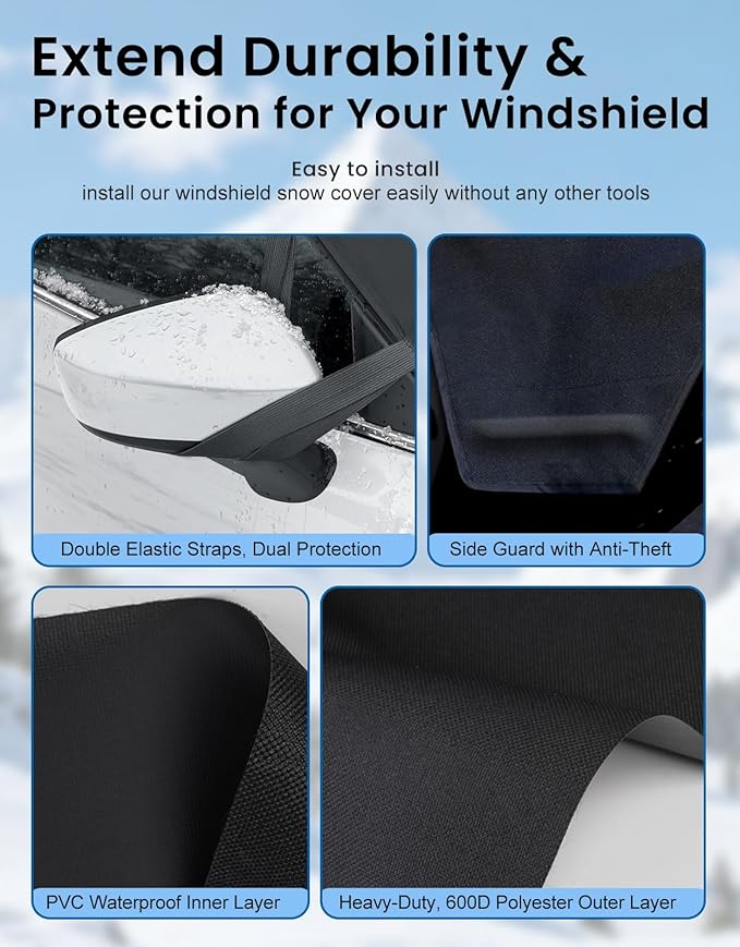 Windshield Cover for Ice and Snow | Heavy Duty 600D Oxford Fabric | Windshield Protector for Cars, SUVs, Trucks | Secure Fit Waterproof Frost Cover | Winter Car Accessories | 69"x42"