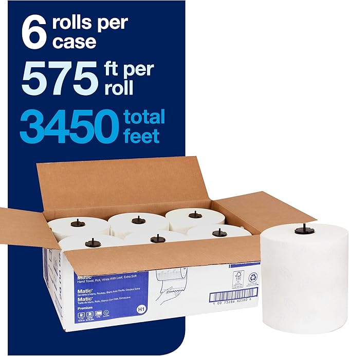 Tork Matic Soft Hand Towel Roll & Matic Paper Hand Towel Roll White H1, Universal, 100% Recycled Fiber, 6 Rolls x 700 ft, 290089