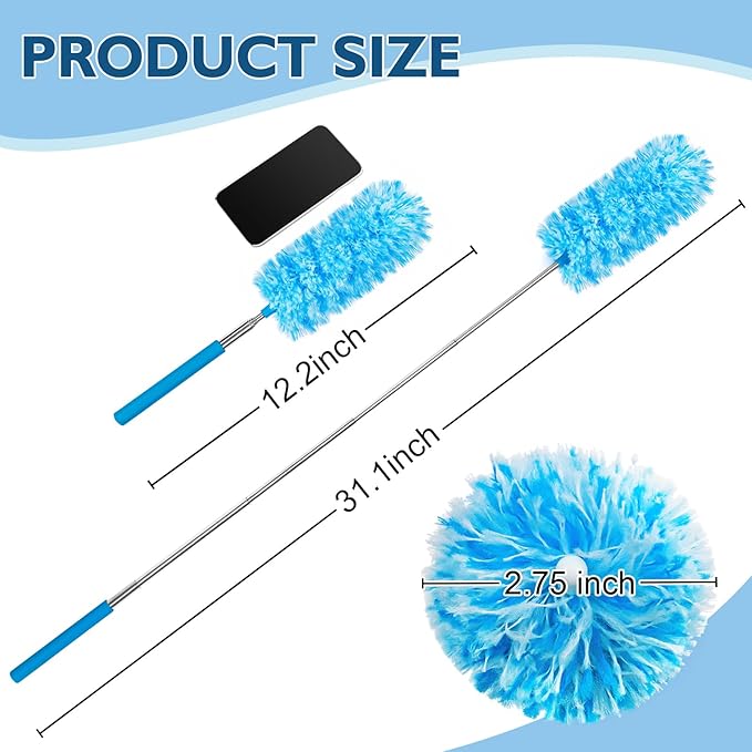 MAVRIZ 12 pcs Microfiber Feather Duster with Extendable Pole, Washable & Reusable Duster for Cleaning Dusters for Blinds, Electronics, and Furniture