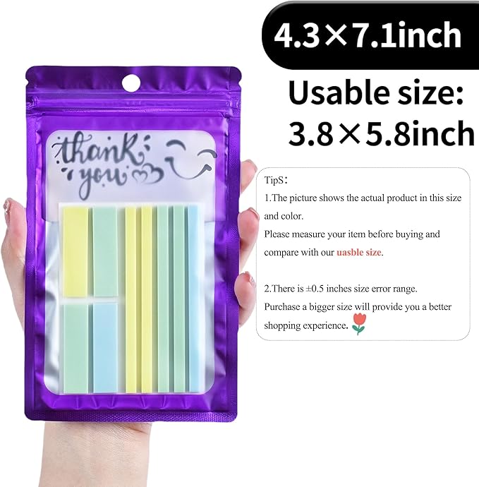 100 Pack Resealable Plastic Bags for Food Storage, Zipper Bags with Clear Front Window, Packaging Pouch for Small Business (Purple, 4.3x7.1 inch)
