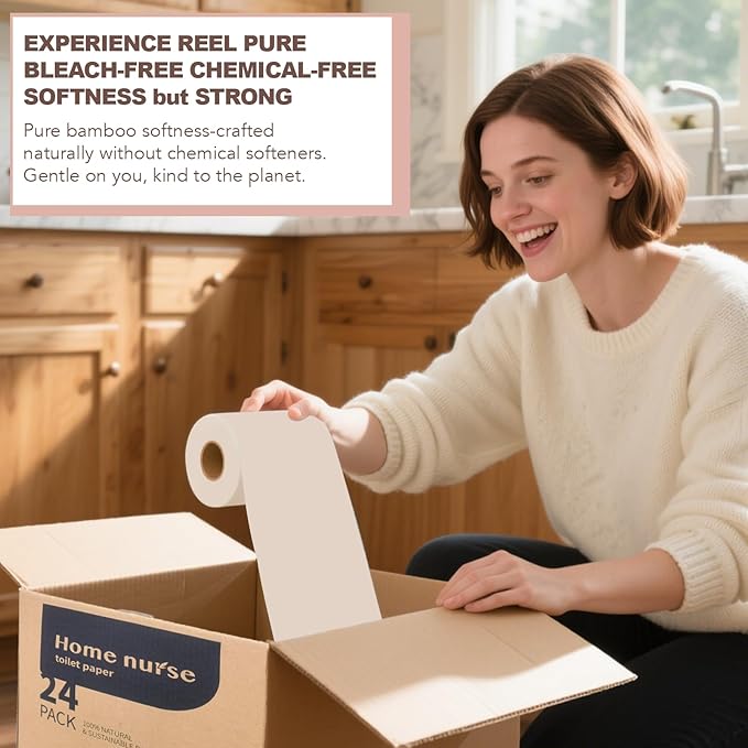 Home Nurse - Bamboo Toilet Paper, 4-ply 12 Rolls | Strong & Soft, Organic Natural Plant Based, Unbleached & Non Toxic, Tree Free Eco Friendly, Chemical Free, No Dust