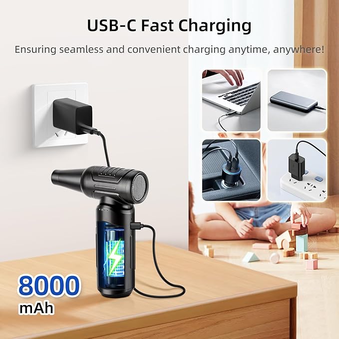 Compressed Air Duster, 180000RPM High-speed 3 Gear Electric Air Duster, 8000mAh Rechargeable Cordless Air Blower Portable Jet Dry Blower for Computer Keyboard Car. Replace Compressed Air Can (Black)
