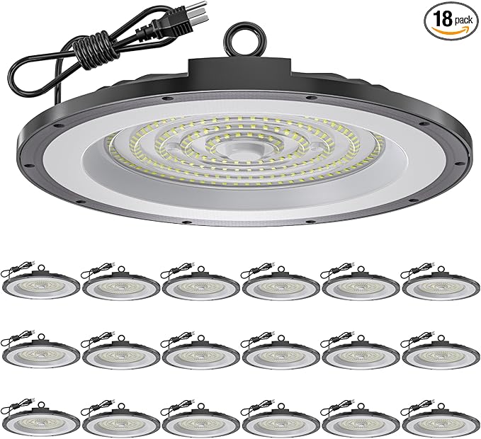 AIKVSXER 300W LED High Bay Light 30000LM UFO Shop Light 6000K Daylight Commercial Bay Lighting IP65 Waterproof for Warehouse Garage Barn Factory Workshop 5FT Cord with US Plug 18 Pack
