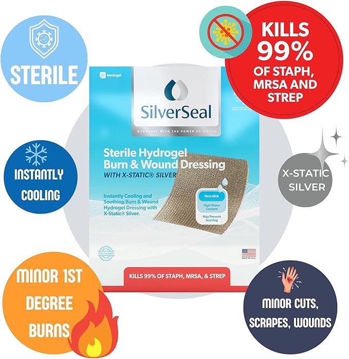 SilverSeal Burn and Wound Dressing | Hydrogel Pads with X-Static Silver | Soothing, Moist & Protective | Burns, Cuts & Wounds | 4 Sterile Dressings