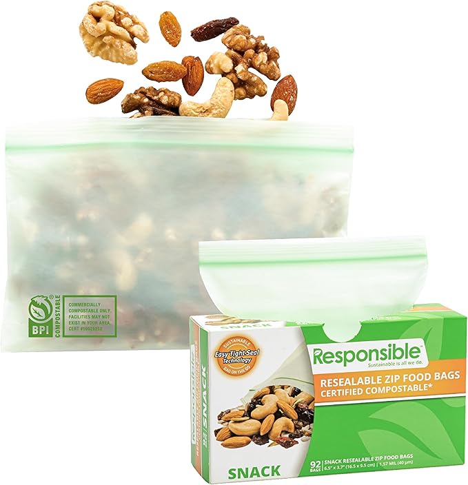 Responsible Products Certified Compostable SNACK Resealable Zip Bag, Extra Strength Food Bags, Plant-Based Freezer-Safe (92 Pack)