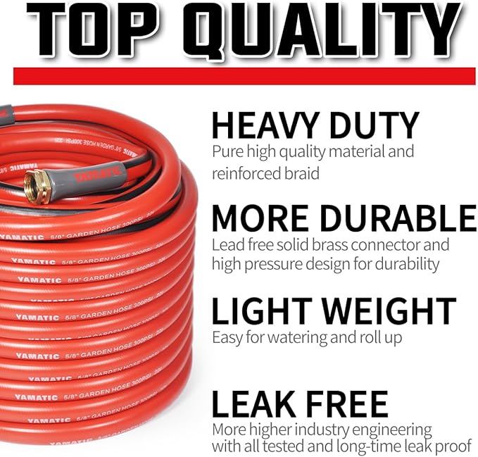YAMATIC 75FT Garden Hose 5/8 Inch Heavy Duty Water Hose 300 PSI with 3/4 Inch GHT Brass Swivel Connectors – Flexible, Kink-Resistant, Leak-Free, All-Weather Use