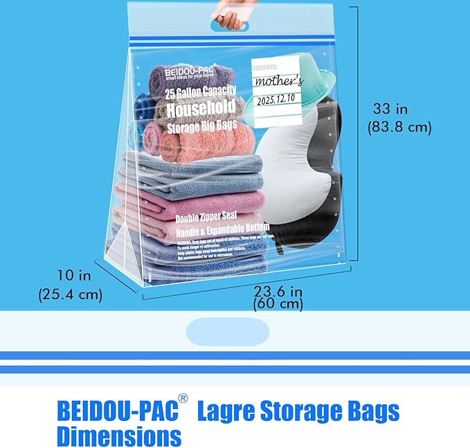 25 Gallon Jumbo Storage Bags with Handle, 15 Count | Double Zipper Seal | Expandable Bottom, Resealable Clear zip Bags for Home, Travel, Moving, Commercial and Outdoor
