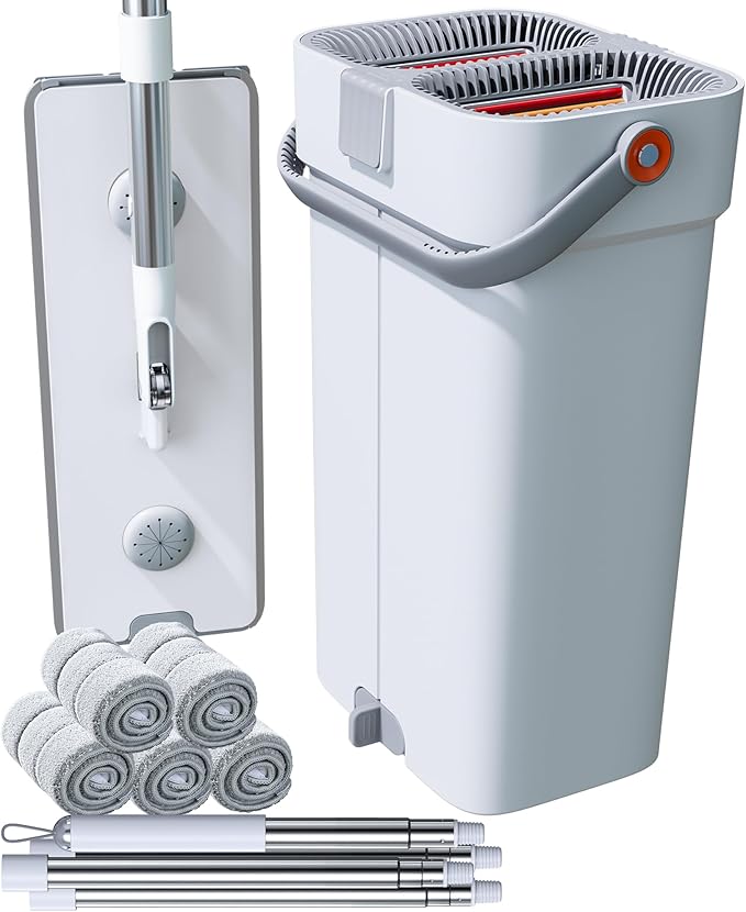 Mop and Bucket Set, Flat Mop and Bucket System, Mop Bucket with Wringer, Wall Mop with Adjustable Handle (Max 61 Inches), 5 Washable Microfiber Mop Pads