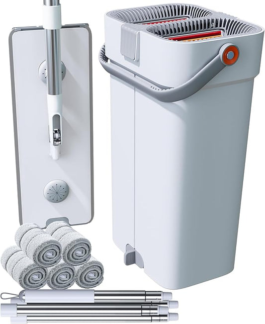 Mop and Bucket Set, Flat Mop and Bucket System, Mop Bucket with Wringer, Wall Mop with Adjustable Handle (Max 61 Inches), 5 Washable Microfiber Mop Pads